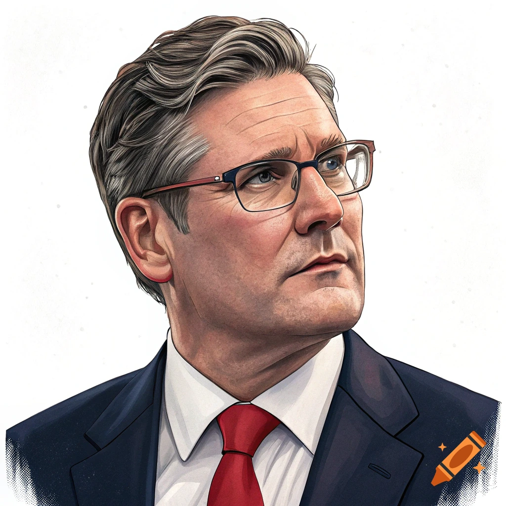 An illustration of a man with graying hair and glasses, wearing a suit and red tie, looking up and to the right.