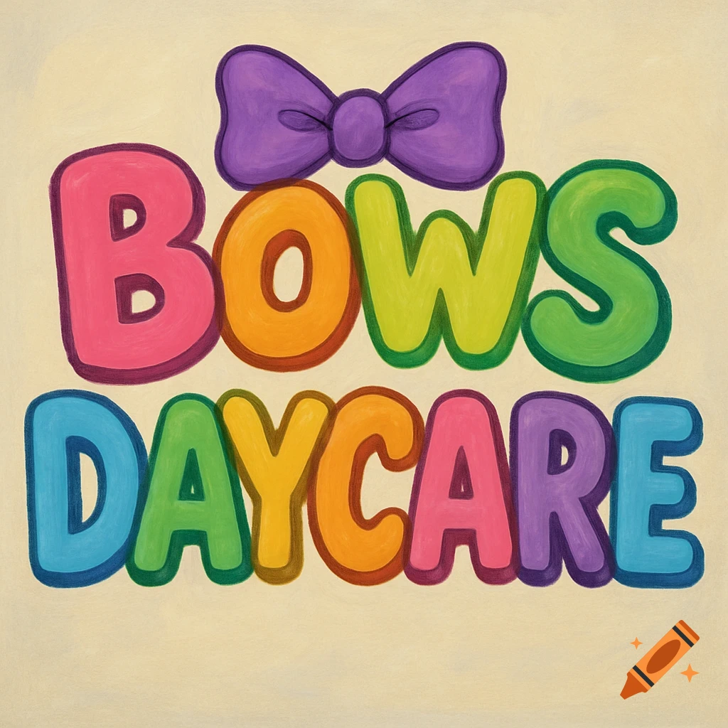 Colorful bubble letters spelling 'Bows Daycare' with a purple bow on top, in an illustrative style.