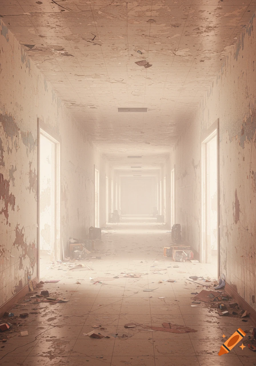 An eerie, long, abandoned corridor with peeling walls and debris on the floor, vanishing into a bright, misty distance. Liminal space style.