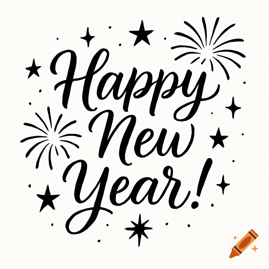 Black calligraphy text 'Happy New Year!' surrounded by stars and firework bursts on a white background.