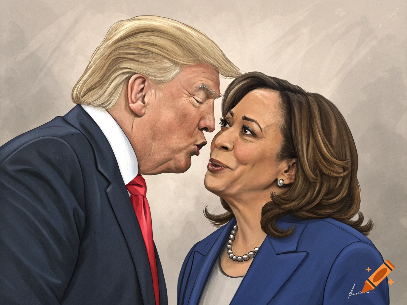 Caricature illustration of Donald Trump leaning in to kiss Kamala Harris, who smiles back.