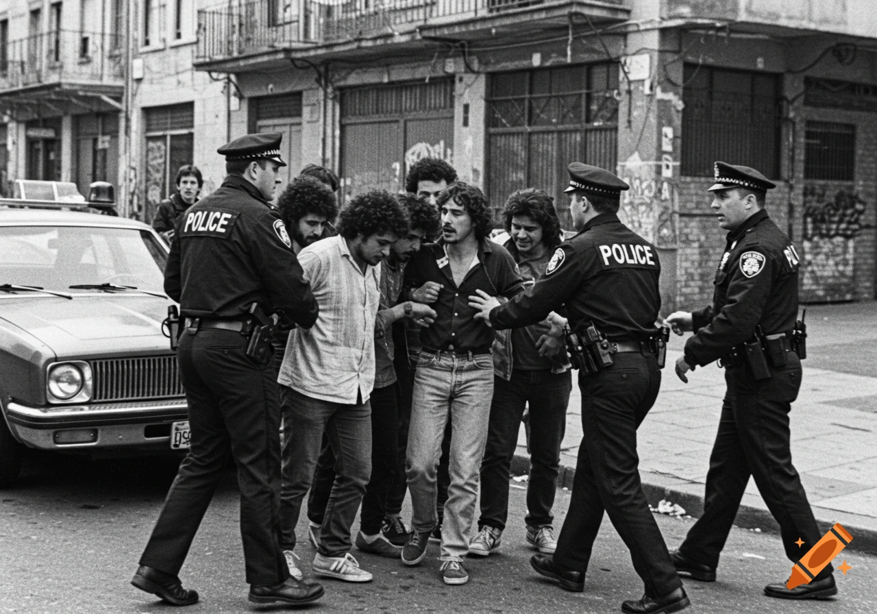 Black and white photo of police officers arresting a group of men on a city street in 1985.