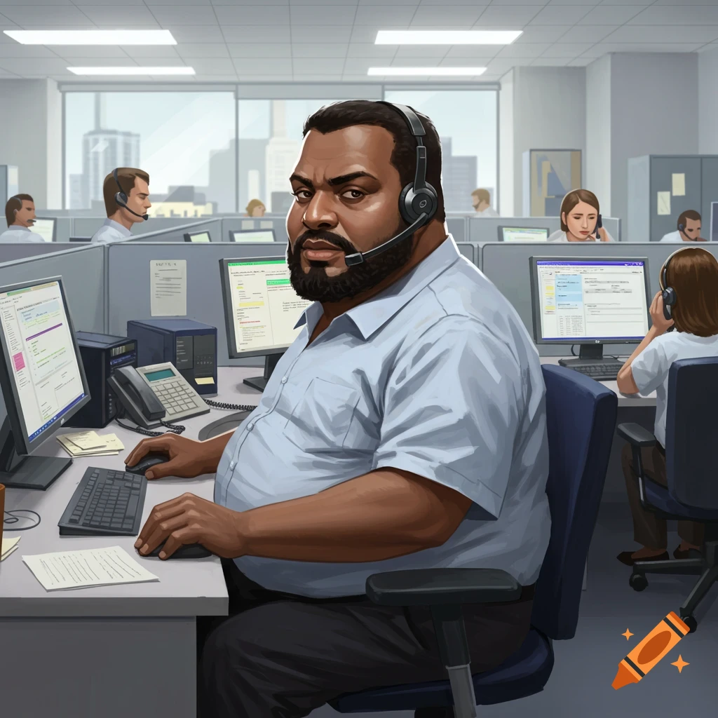 A bearded man in a headset works at a computer in a busy call center, surrounded by cubicles. Digital art.