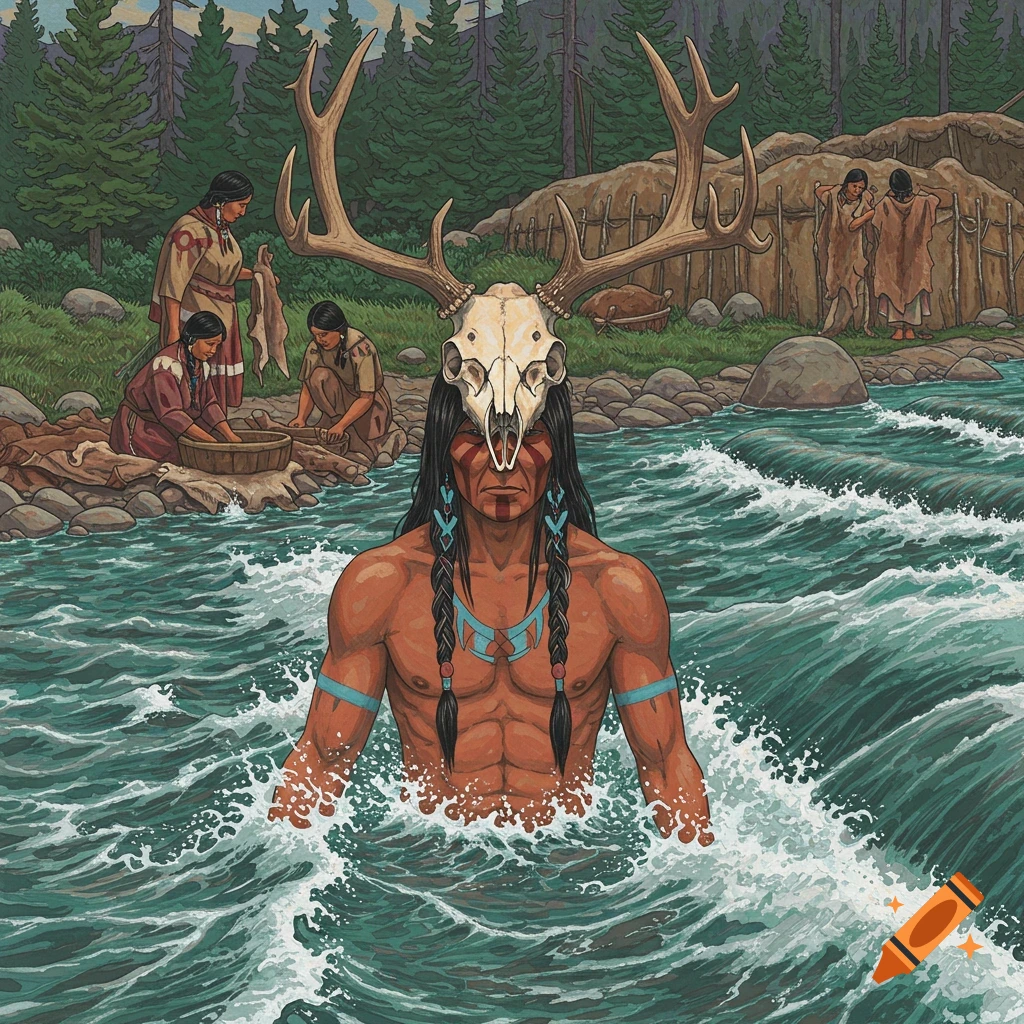 A man with a large elk skull on his head stands in a river. In the background, women process hides by a traditional dwelling in a forest.