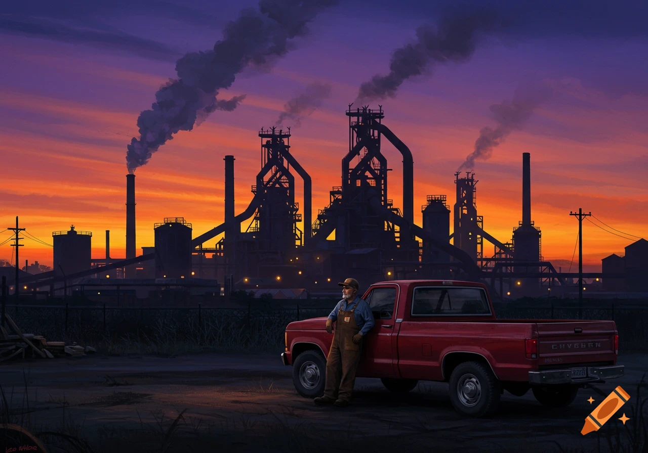 A man in overalls leans against a red pickup truck with a large, smoking steel mill in the background under an orange and purple sunset, painted style.