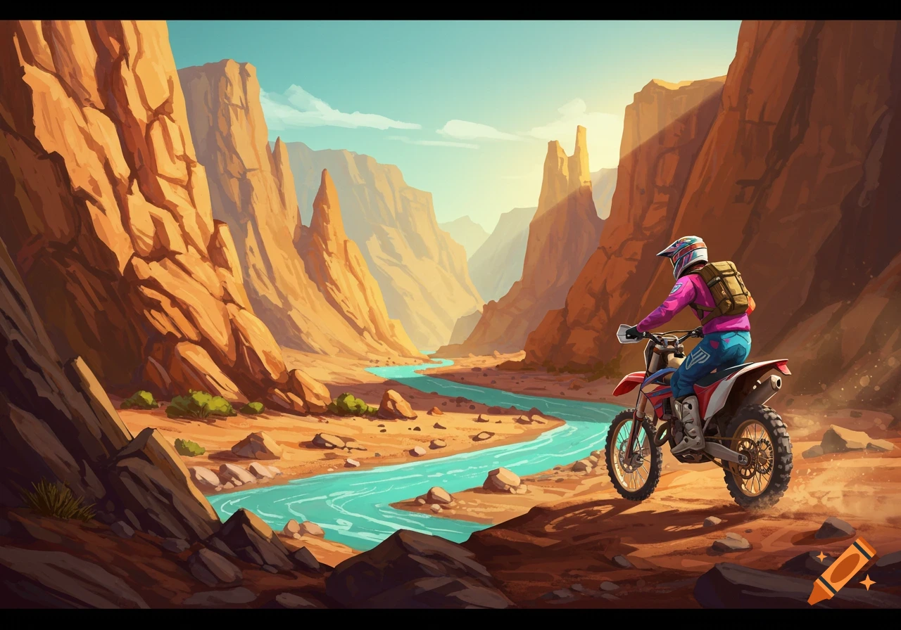 A vibrant illustration of a motocross rider in a desert canyon with a winding river.
