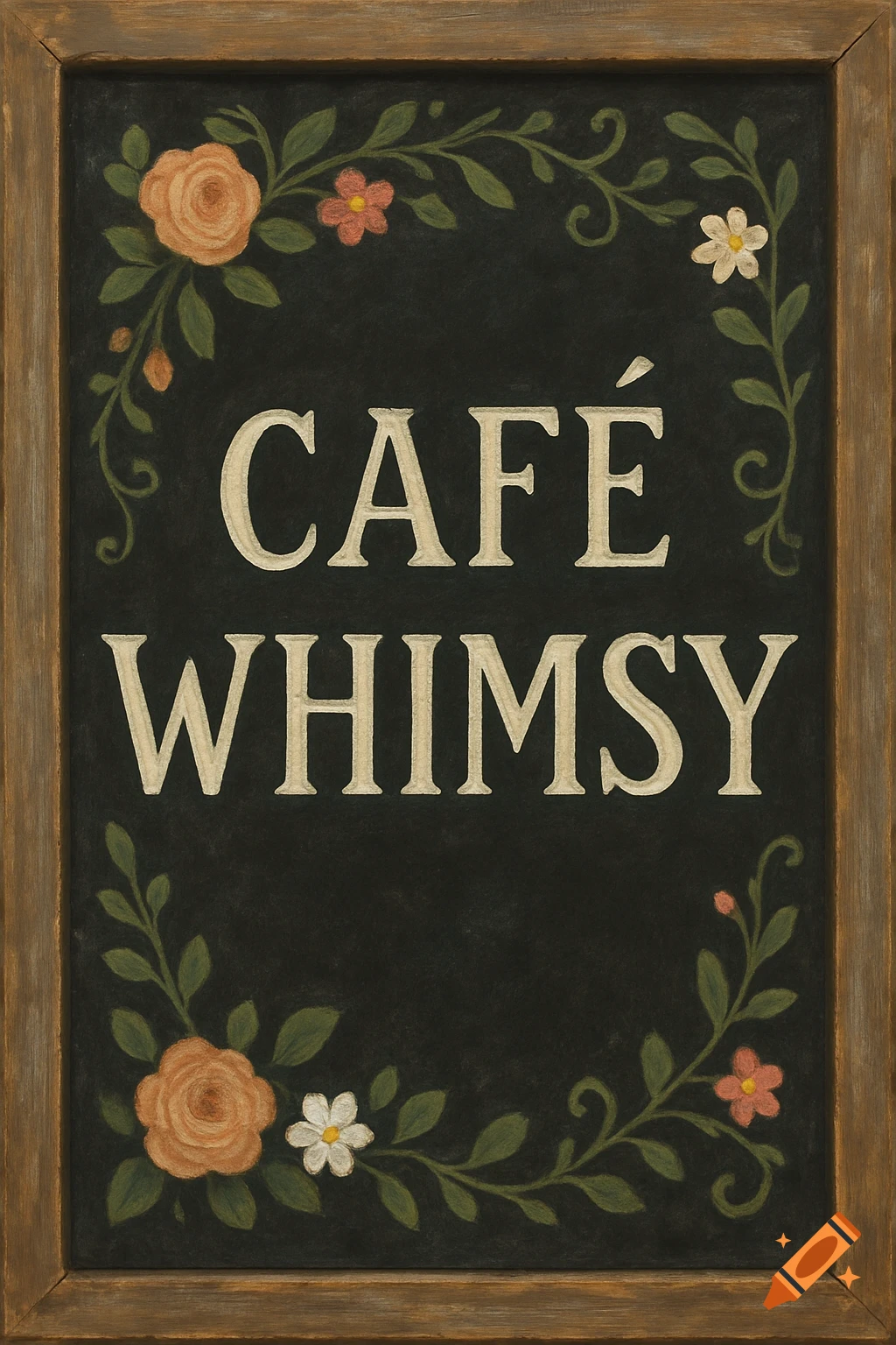 A rustic chalkboard sign with "CAF R WHIMSY" in white capital letters, framed by green vines and colorful flowers.