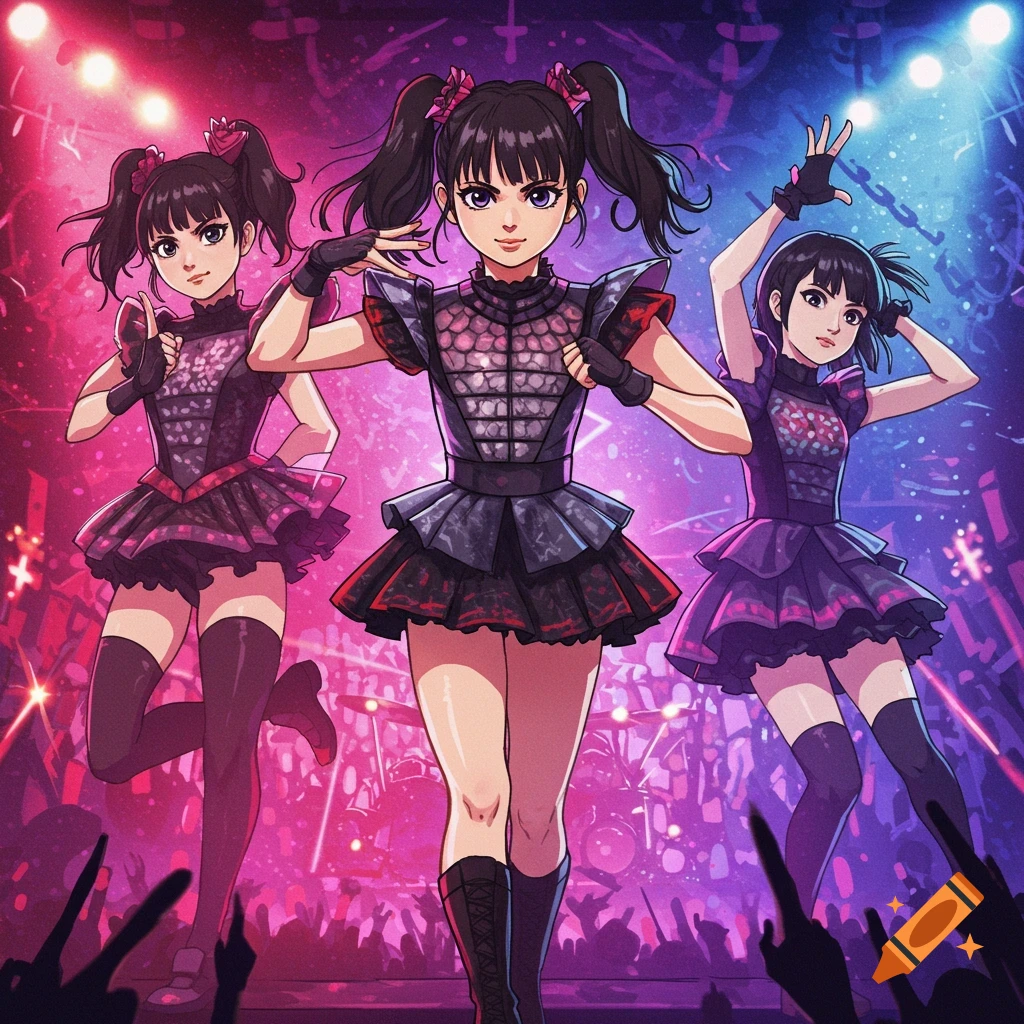 Anime-style illustration of three girls in black and red stage outfits performing under colorful spotlights.