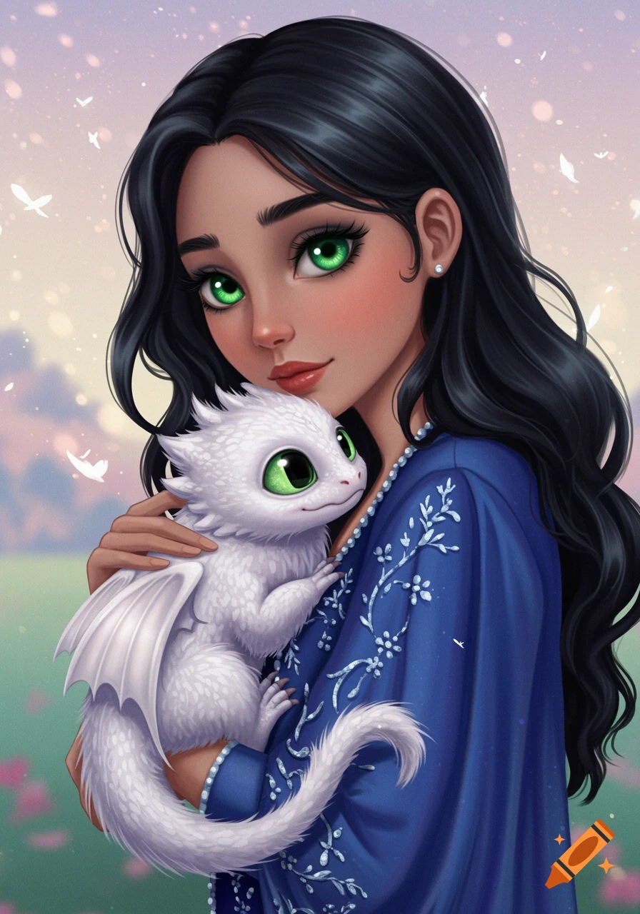 Stylized illustration of a dark-haired woman holding a small white baby dragon with green eyes.