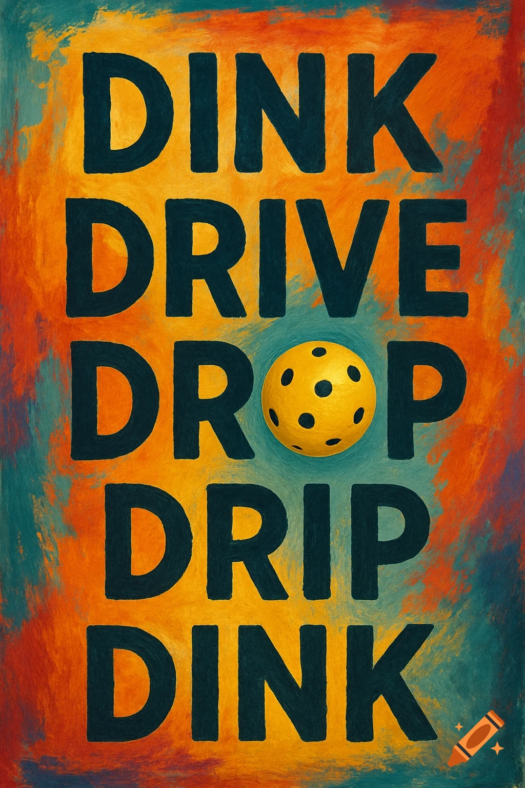 A colorful, painterly poster with bold black text reading DINK DRIVE DROP DRIP DINK. A yellow pickleball replaces the O in DROP.