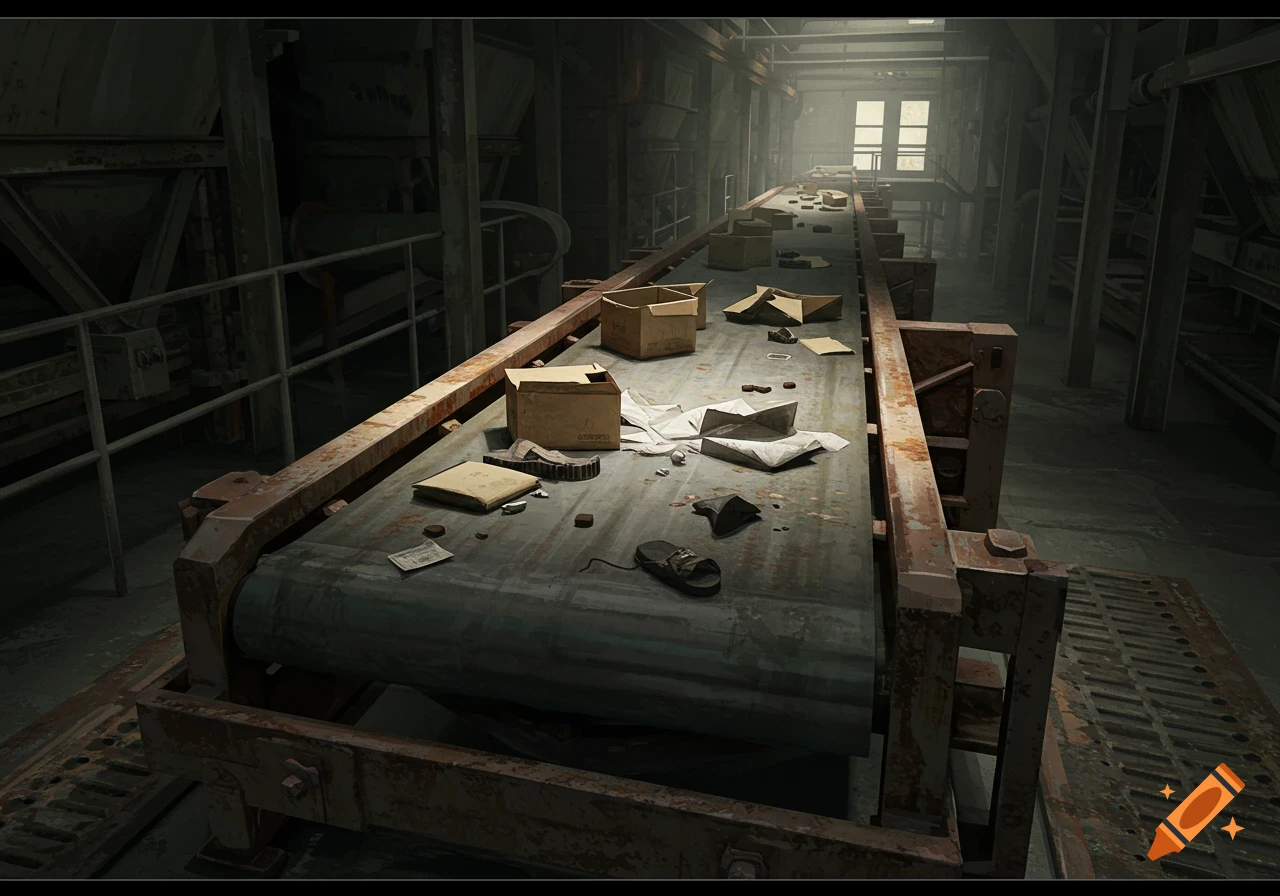 A long, rusted industrial conveyor belt in a dimly lit, abandoned factory is covered with scattered cardboard boxes, papers, and debris.
