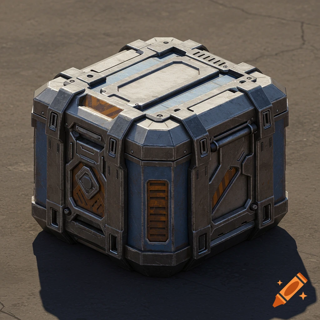 An isometric view of a heavily armored, metallic sci-fi storage crate with orange and blue accents, resting on a concrete ground.