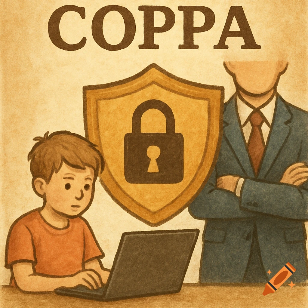 An illustration of a child using a laptop, an adult standing beside a large shield with a lock, and the word 'COPPA' above.
