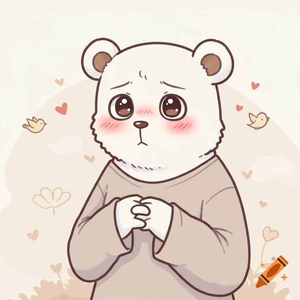 A cartoon white bear with blush on its cheeks looks shy, standing with hearts and small birds around it.