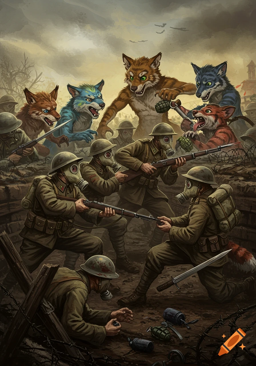 Illustration of WWI soldiers in gas masks fighting anthropomorphic animals in a trench.