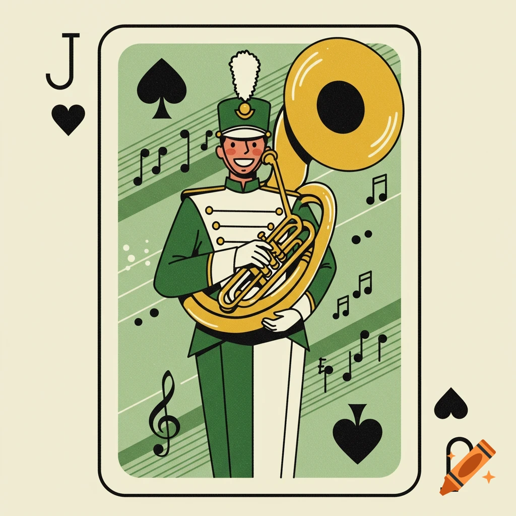 Mid-century modern illustration of a Jack of Spades playing card featuring a marching band member in green uniform with a tuba.
