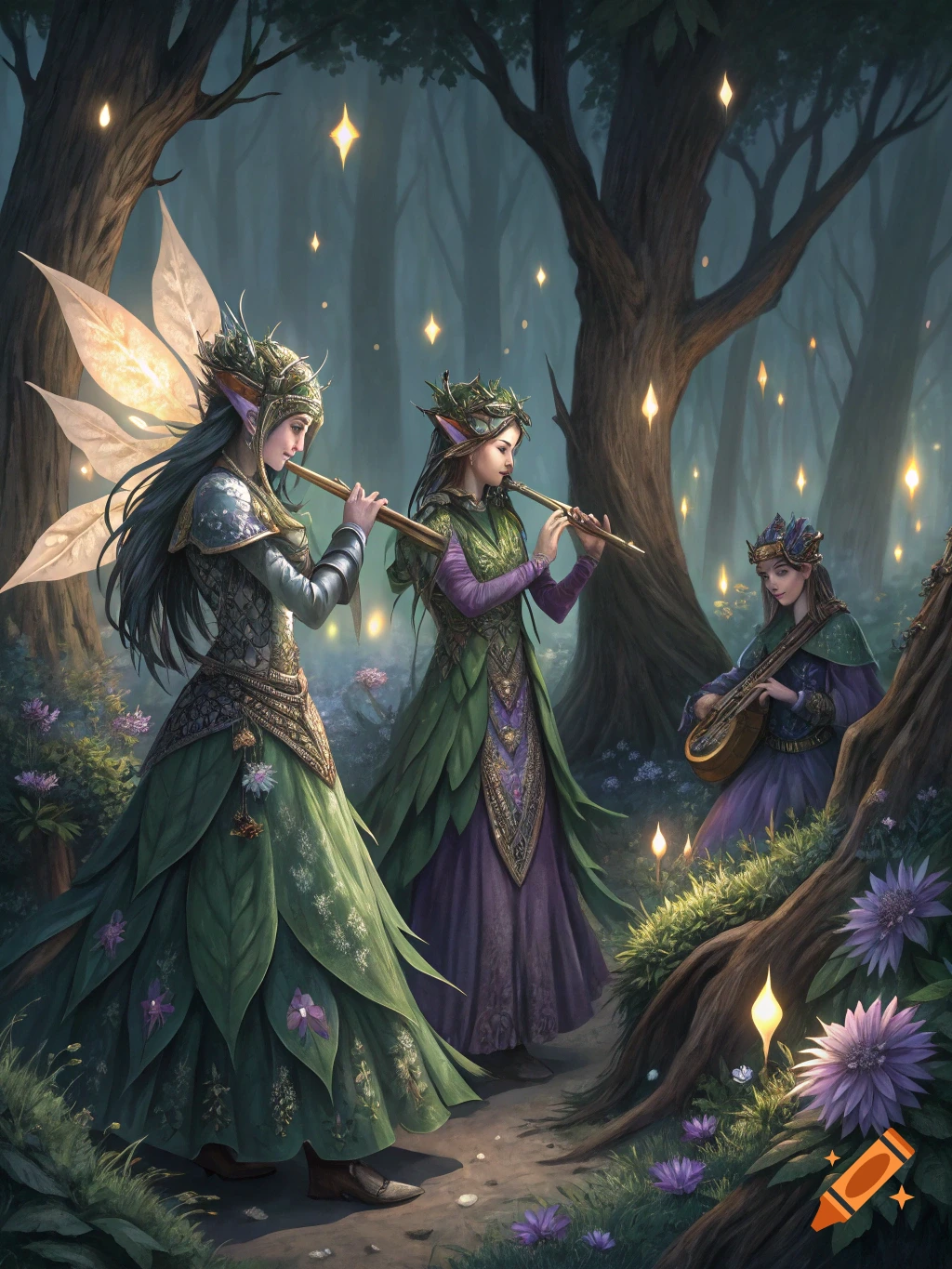 Three elves play flutes and a lute in an enchanted forest with glowing ...