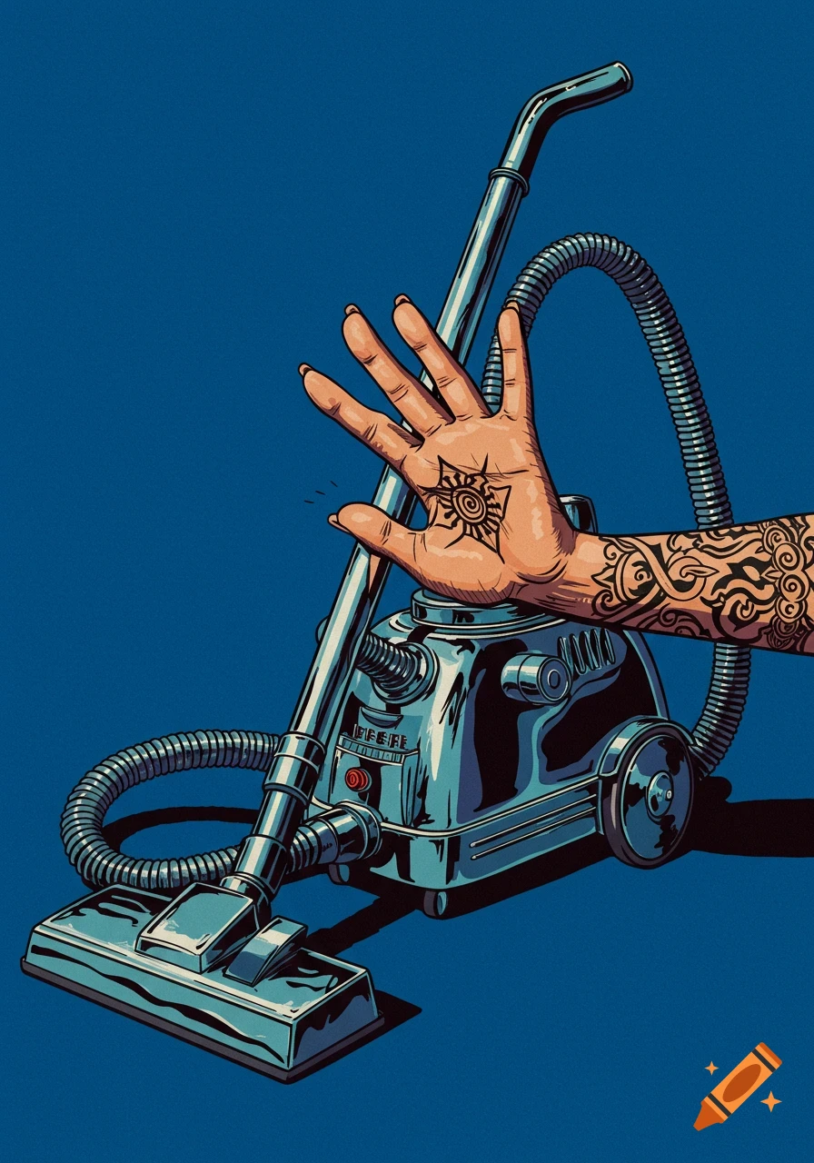 Stylized illustration of a hand with tattoos blocking the hose of a retro vacuum cleaner against a solid blue background.