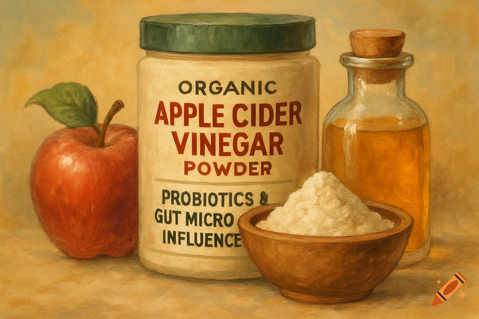 A still life painting of an apple, a jar labeled 'Organic Apple Cider Vinegar Powder', a bowl of white powder, and a bottle of amber liquid.