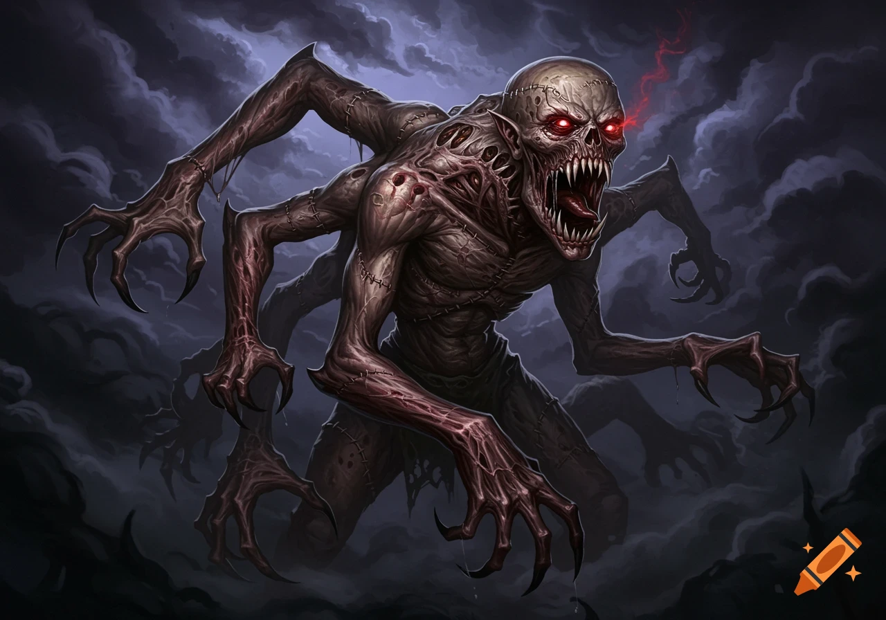A grotesque, multi-limbed monster with red glowing eyes, sharp teeth, and exposed flesh, in a dark, cloudy digital painting.