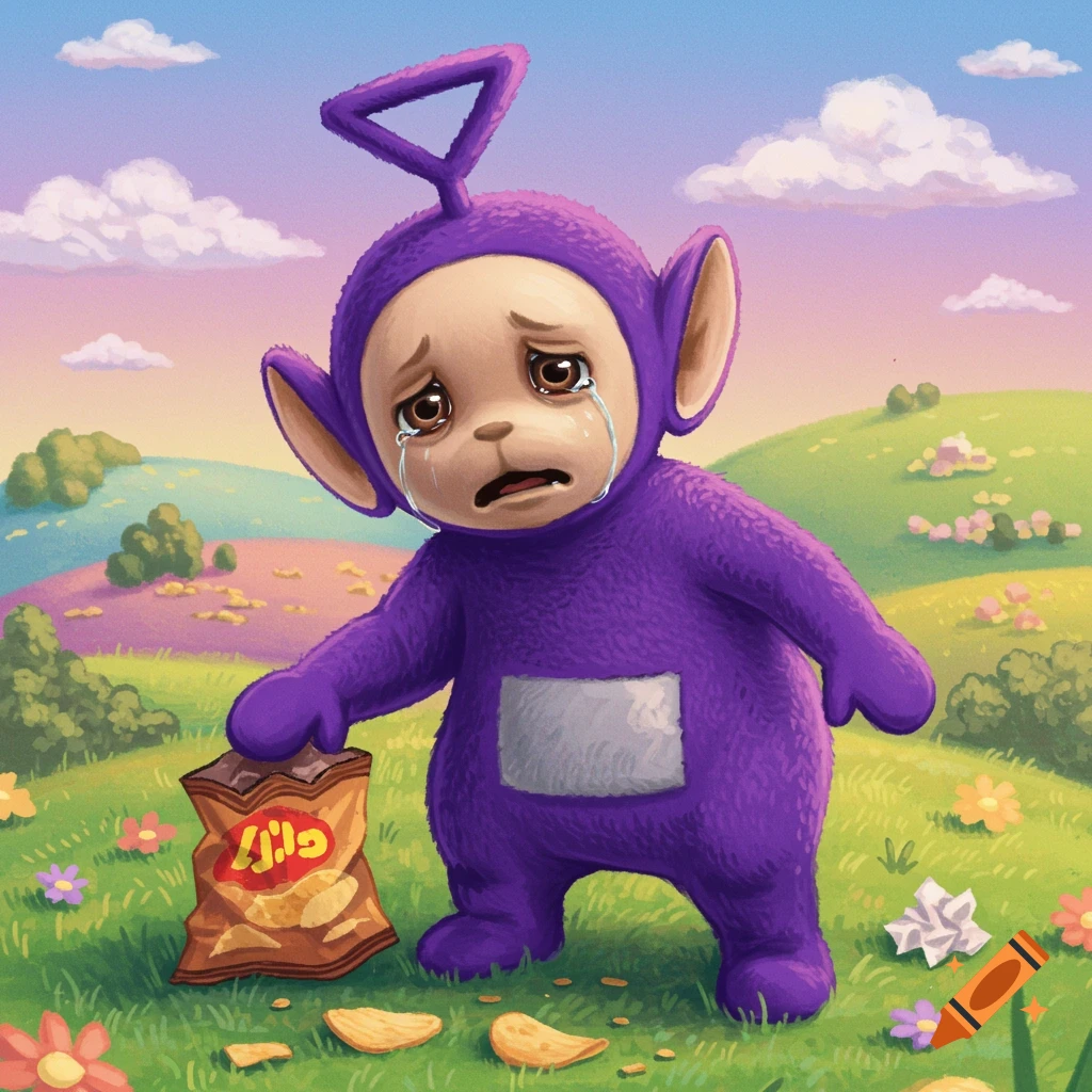 Tinky Winky the purple Teletubby cries in a colorful grassy field, holding a bag of potato chips with spilled chips on the ground.