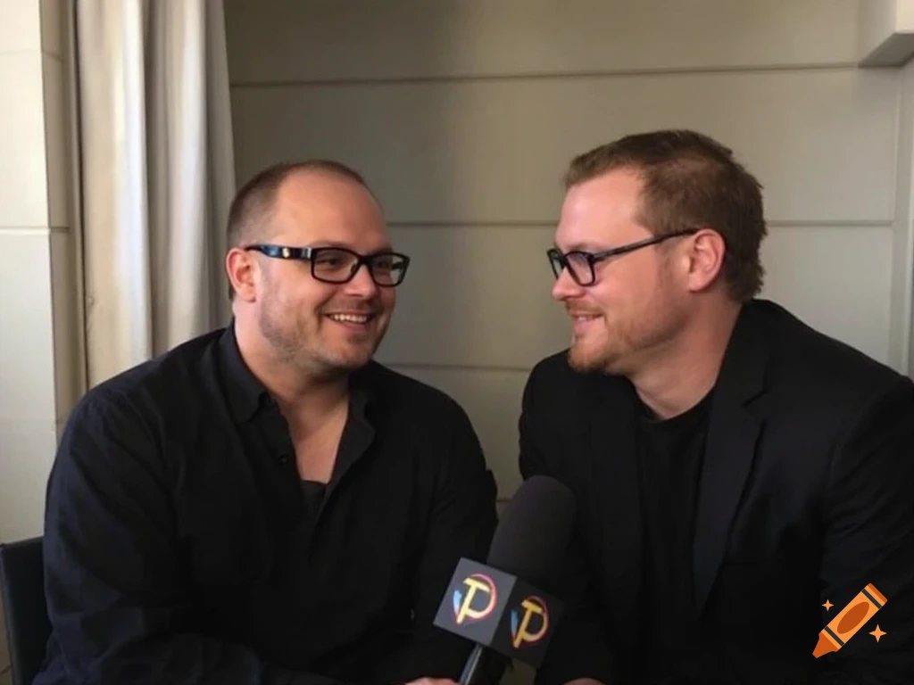 Two smiling men wearing black shirts and glasses are being interviewed by a microphone.