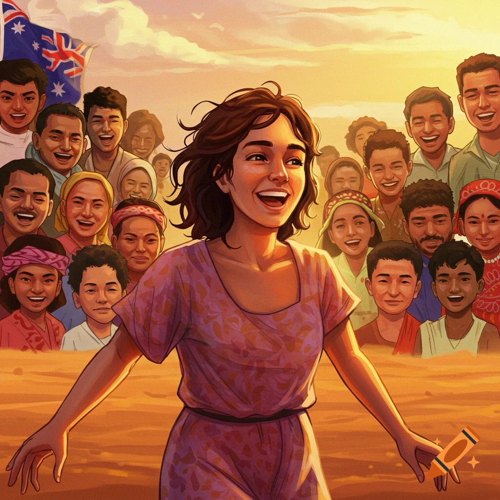 A joyful illustration of a diverse group of people, with a smiling woman in the foreground, under an Australian flag.