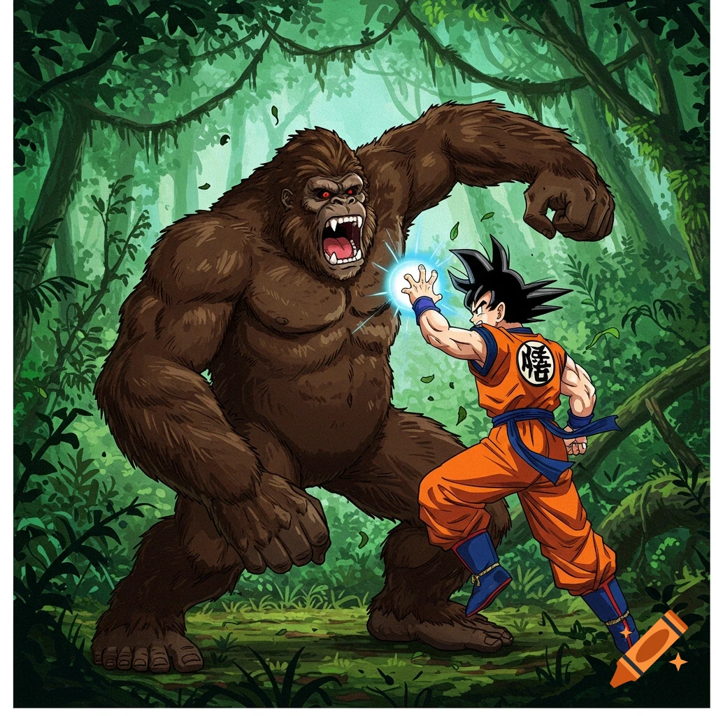 Goku battles a giant ape in a lush jungle, charging a blue energy blast.