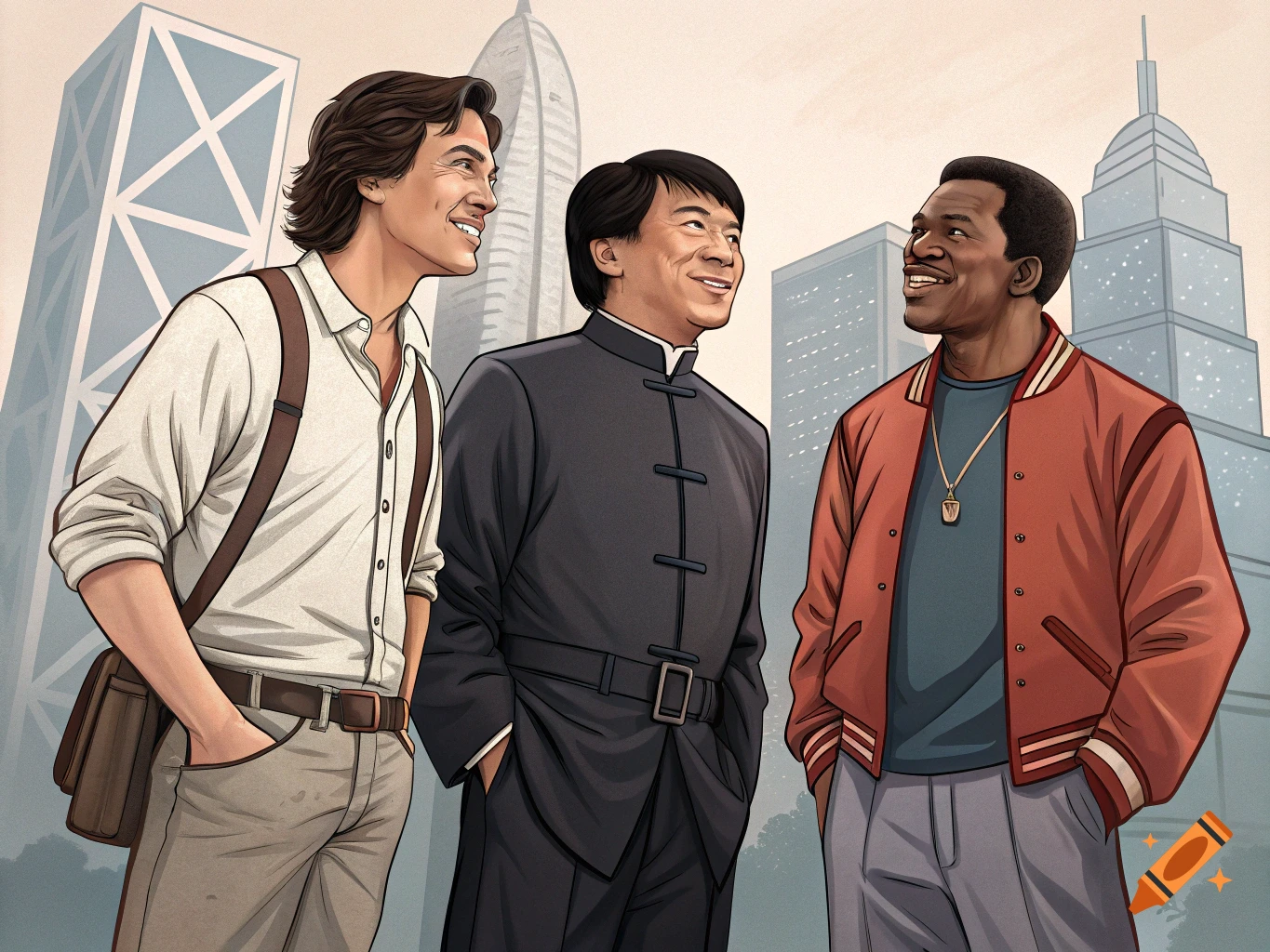 Stylized illustration of Lucas Gisonti, Jackie Chan, and Chris Tucker smiling and looking up in a city.