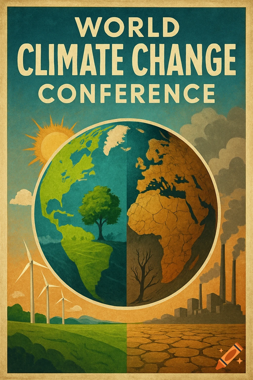 A vintage poster for the World Climate Change Conference, depicting Earth split into healthy green and dry polluted halves.