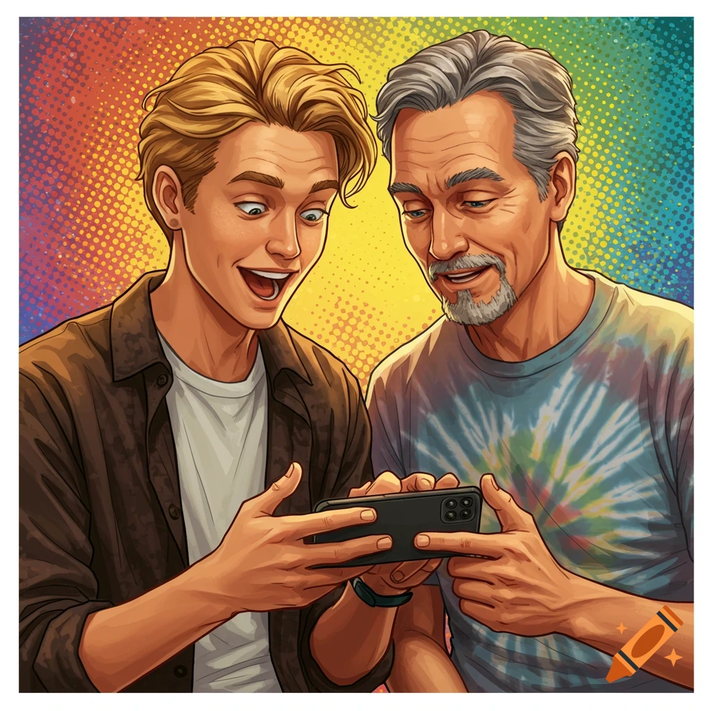 Two men, one young and one older, look at a smartphone together in a vibrant pop art style.