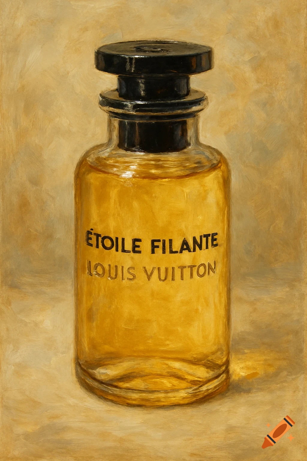 A painting of a Louis Vuitton perfume bottle with a golden liquid and a black cap, set against a warm, textured background.