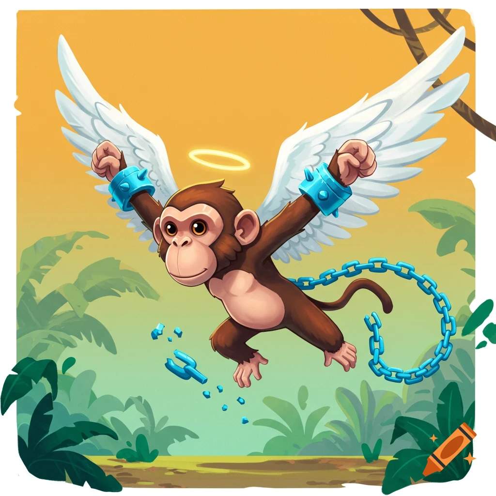 Cartoon monkey with angel wings and halo breaking blue chains, flying in a jungle setting.