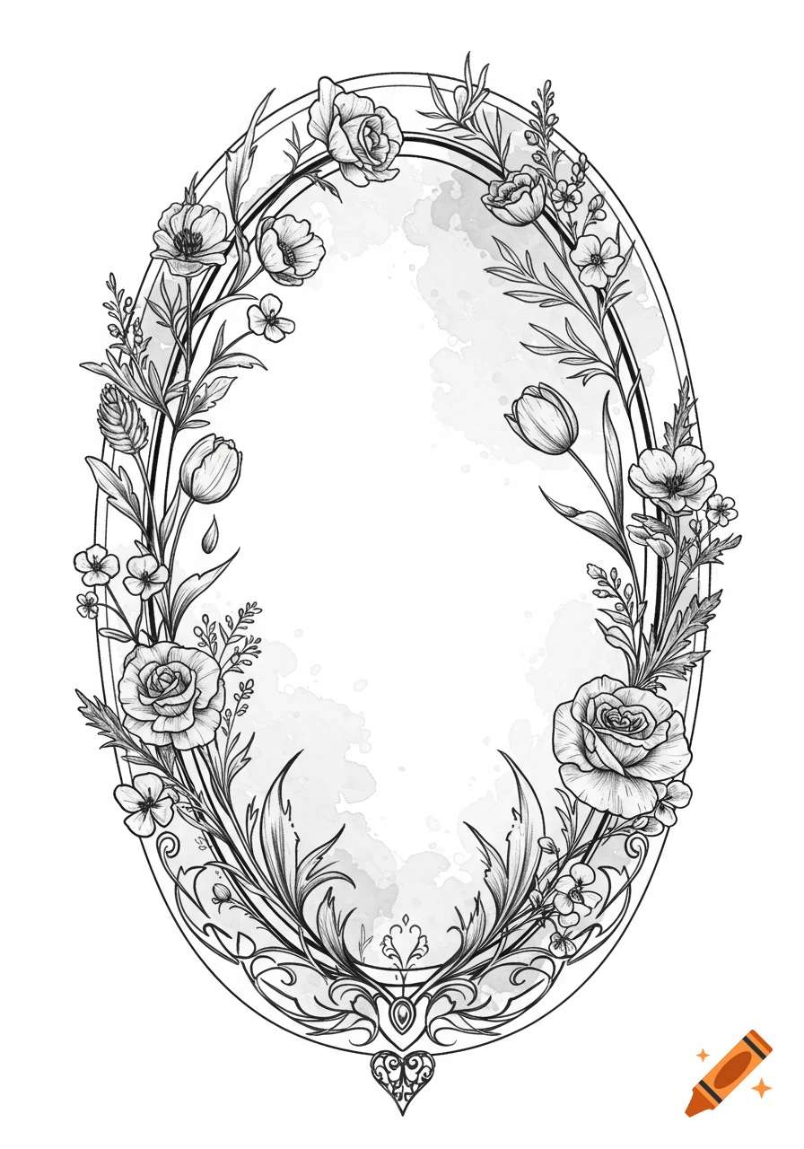 A black and white line art illustration of an oval botanical frame featuring roses, tulips, wildflowers, and foliage, with a faint watercolor background.