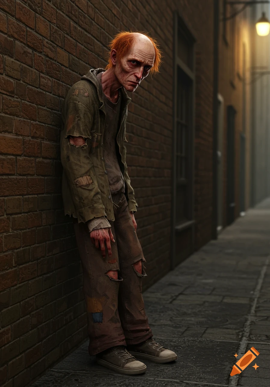 A very thin man with red hair leans against a brick wall in a dark alley wearing torn clothes.