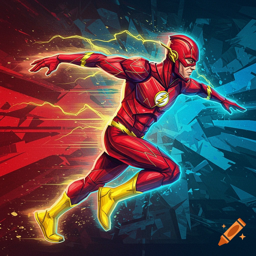 The Flash superhero in a red suit with yellow lightning details, running against a split abstract background of red and blue.