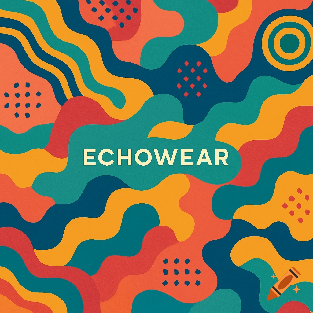 A vibrant abstract pattern featuring fluid, organic shapes in teal, orange, yellow, and red, with the word 'ECHOWEAR' in white text at the center.