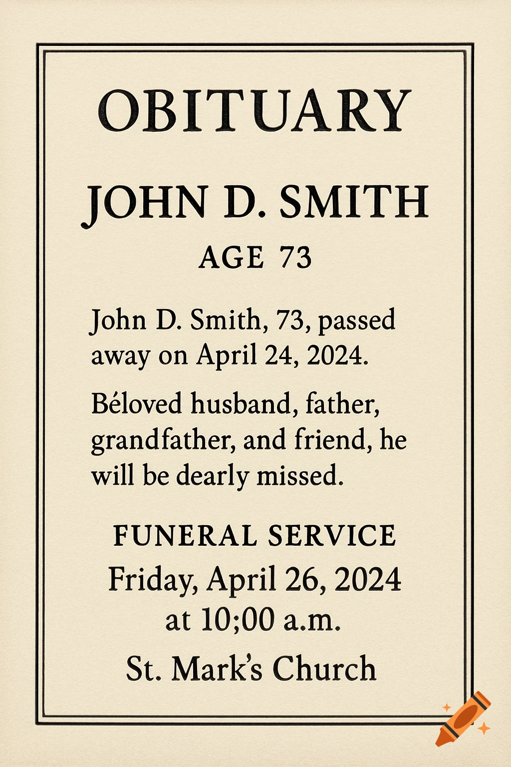 A formal obituary document for John D. Smith, with details about his passing and funeral service.