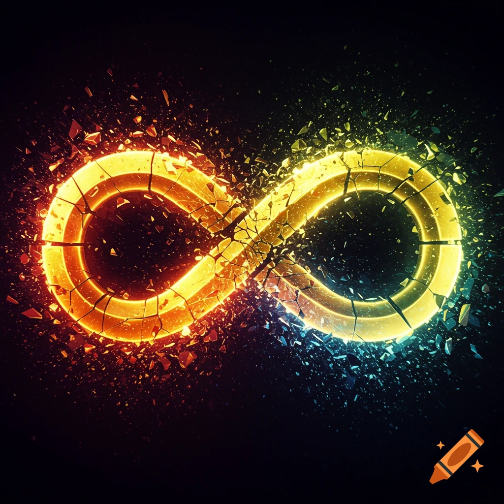 A vibrant, glowing infinity symbol, split between orange-red and yellow-green, shatters into small fragments against a dark background.