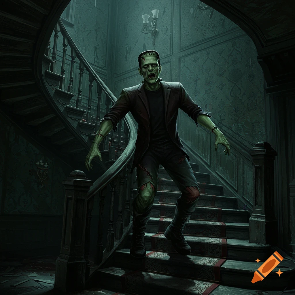 Frankenstein's monster with green skin and stitches stumbles down a grand, dark staircase in a spooky mansion.