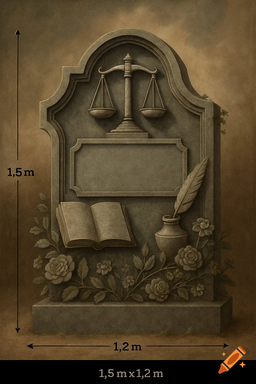 A stylized stone tombstone featuring a scales of justice, an open book, an inkwell with a quill, and decorative flowers and foliage.