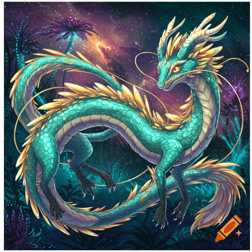 A vibrant teal and gold dragon with whiskers floats in a glowing cosmic jungle, digital art.