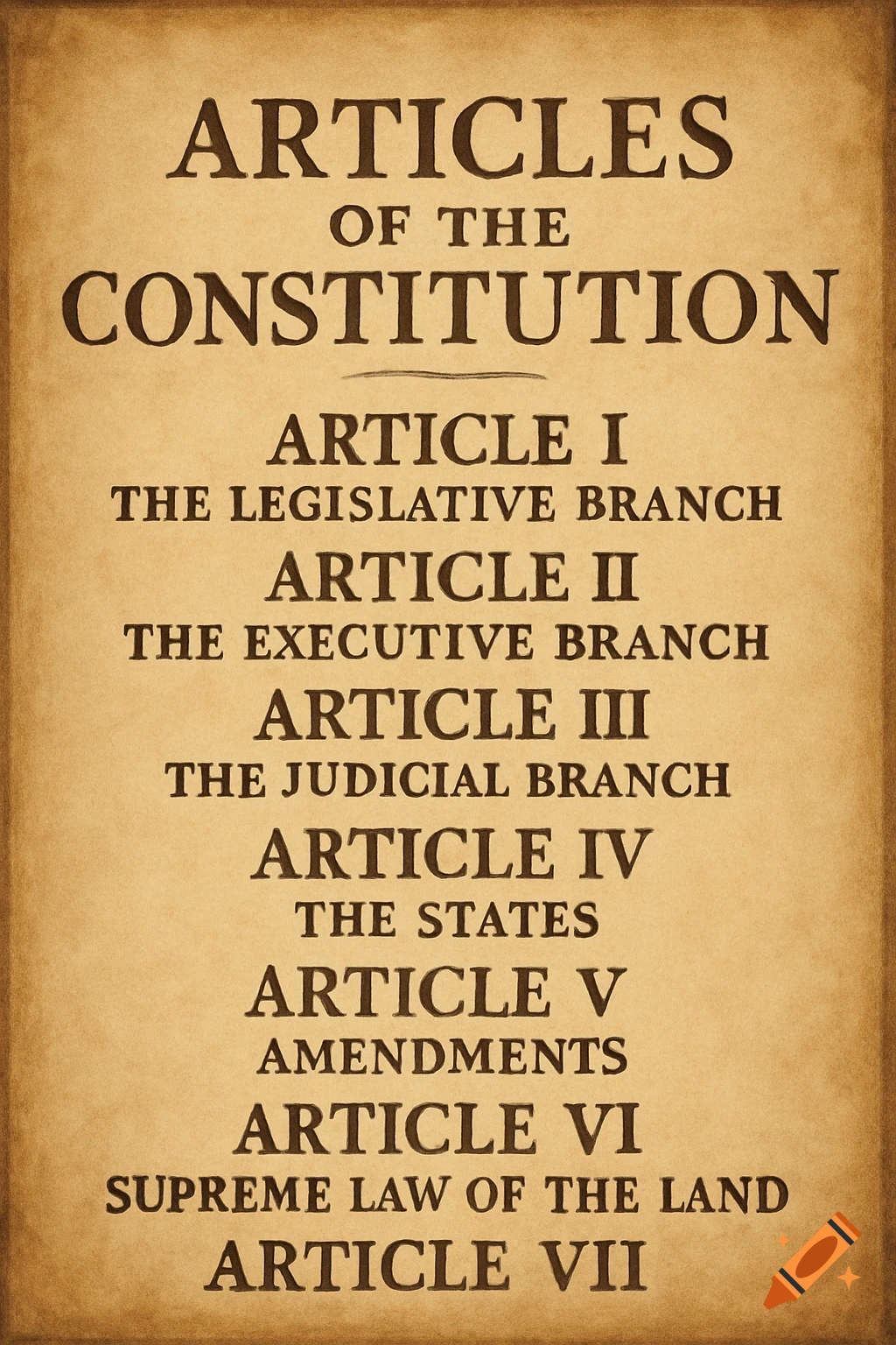 An aged parchment document titled 'Articles of the Constitution' listing the seven articles and their subjects.