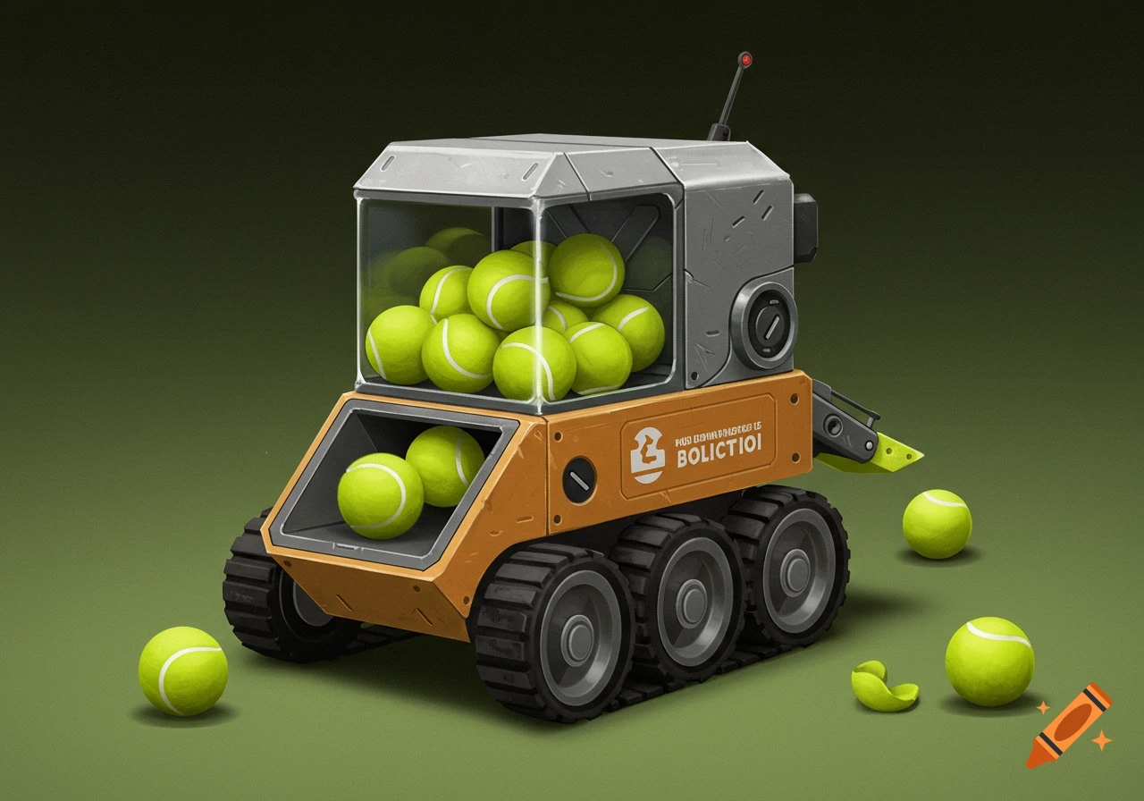 A stylized 3D illustration of a small orange and gray robot with tracks, filled with tennis balls, on a green background.