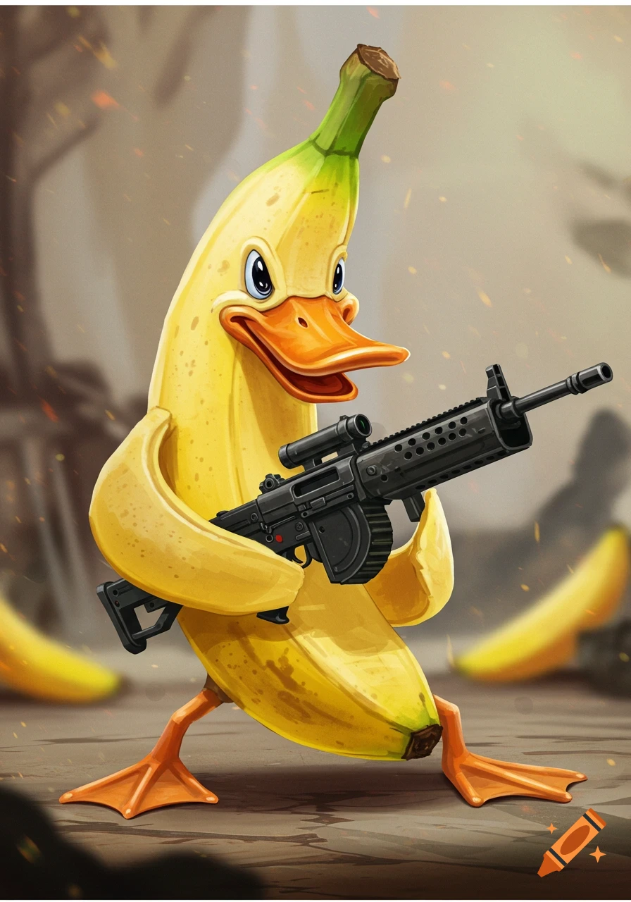 A whimsical cartoon character, a banana with a duck's head and webbed feet, stands holding a large machine gun in a stylized setting.