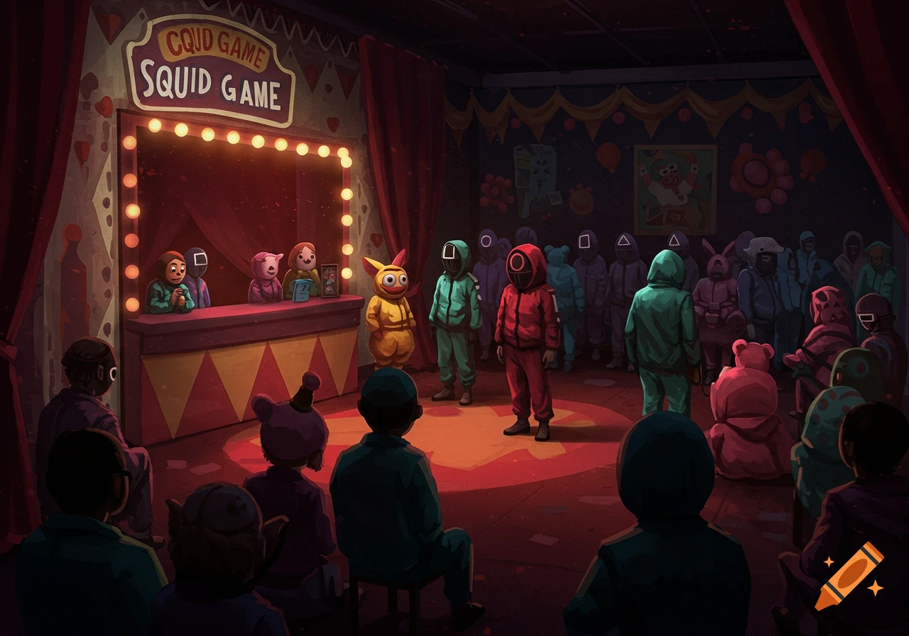 An illustration of a colorful, mysterious circus waiting room with characters in Squid Game outfits and an audience, gathered around a central stage.