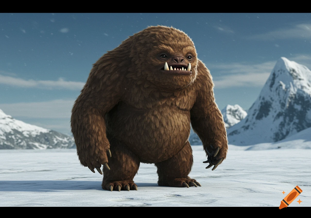 A large, brown, furry creature with tusks stands in a snowy landscape with mountains.