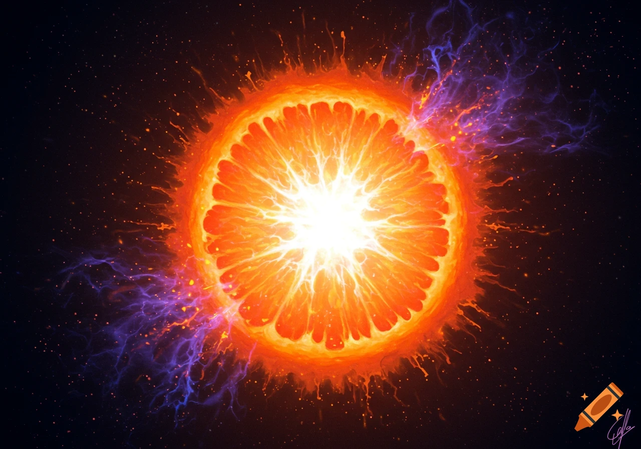 A vibrant, glowing orange-shaped supernova explodes in a dark cosmic sky with purple energy streams and stars.