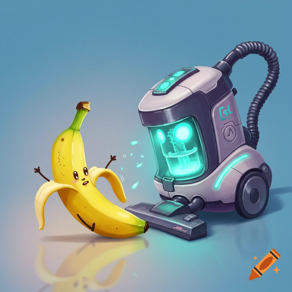 A wide-eyed cartoon banana, partially peeled, looks surprised as a futuristic vacuum cleaner teases it, in a vibrant illustration.