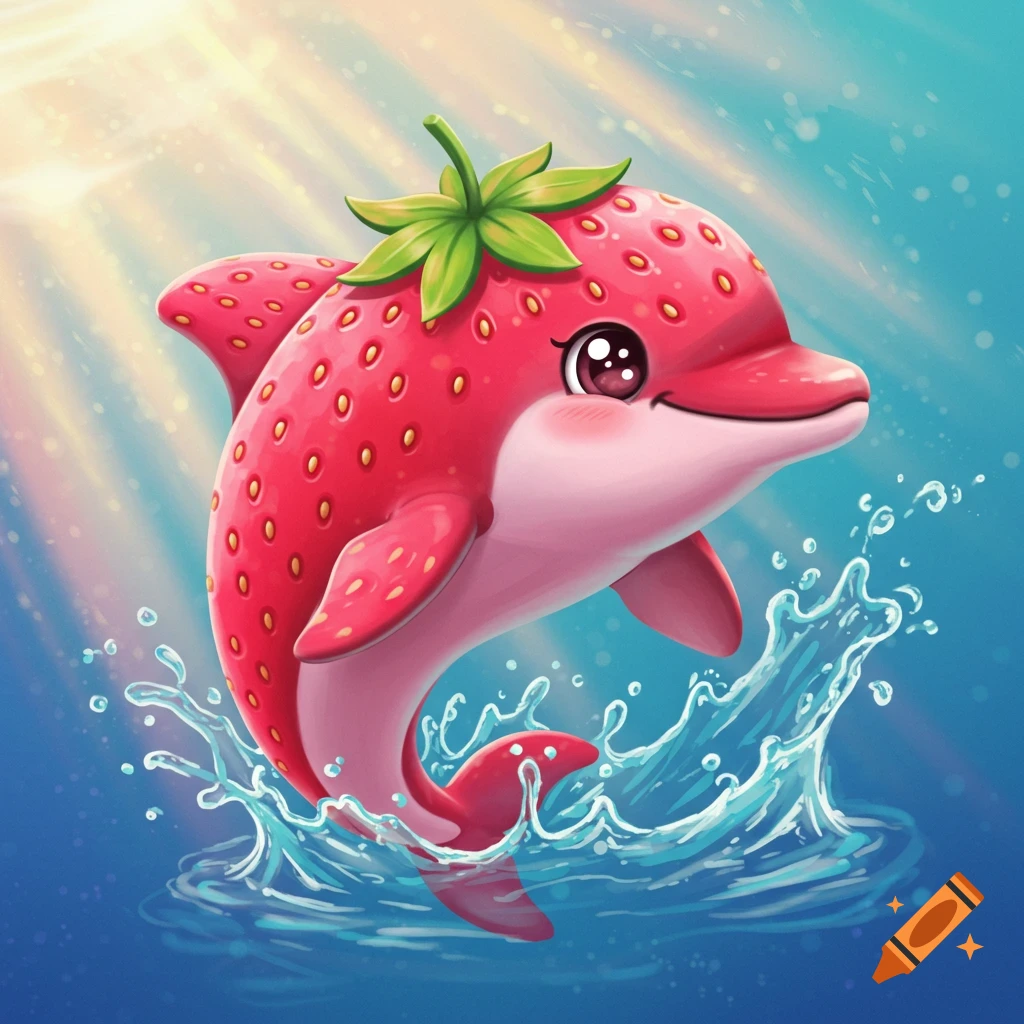 A cute, cartoon-style strawberry dolphin leaps out of blue water, creating a splash, with sunbeams shining down.